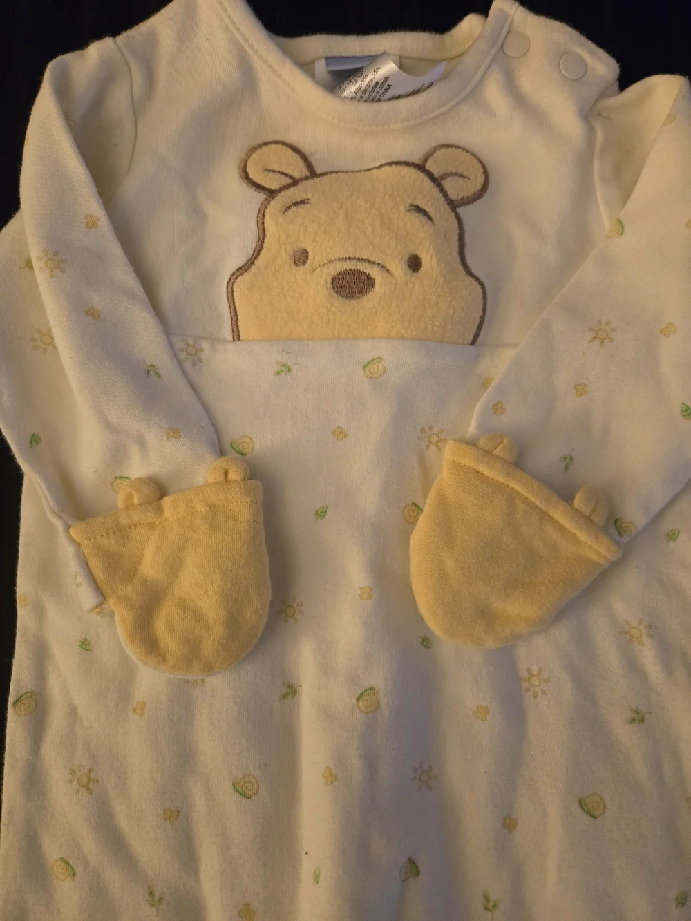 Disney Winnie the Pooh Infant Sleep Gown Sack Cream Yellow Mittens 0-3M EUC